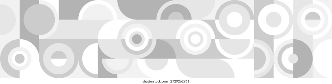 Fondo sin fisuras de moda blanco de círculos y cuadrados en estilo escandinavo moderno. Cubierta de Formas geométricas grises en textura retro para Fondo de pantalla o embalaje.