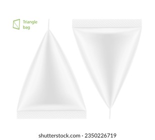 White triangle bag mockup. Vector illustration isolated on white background. Сan be used for cosmetic, food and other needs. Symmetrical lighting scheme. EPS10.