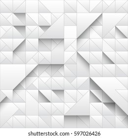 White triangle geometric seamless pattern background. 3d design with simple print. Shapes and shadows. Vector repeating texture. Modern light swatch. Simple graphic design. Trendy geometry