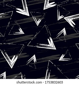 white triangle and gray stripes brush effect on dark blue background. abstract seamless pattern.