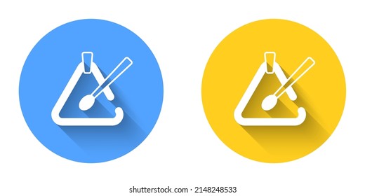 White Triangle musical instrument icon isolated with long shadow background. Circle button. Vector