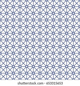 White triangles and circles tessellation on blue background. Seamless surface pattern design with polygonal ornament. Crossed lines wallpaper. Grid motif. Digital paper for textile print. Vector art