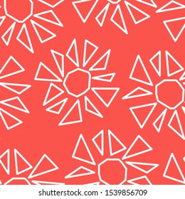 White triangles gathered in flowers, red background, seamless pattern.