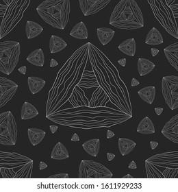 White triangles on the black background. Vector geometric seamless pattern. Outline monochrome illustration.