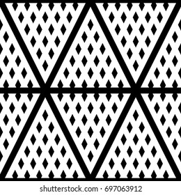 White triangles on black background. Black lines and mini diamonds ornament on white back. Surface pattern design with geometric shapes. Rhombuses and stripes wallpaper. Ornamental motif. Print paper