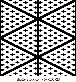 White triangles on black background. Black lines and mini diamonds ornament on white back. Surface pattern design with geometric shapes. Rhombuses and stripes wallpaper. Ornamental motif. Print paper