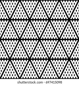 White triangles on black background. Black lines and mini diamonds ornament on white back. Surface pattern design with geometric shapes. Rhombuses and stripes wallpaper. Ornamental motif. Print paper