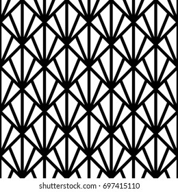 White triangles on black background. Image with repeated scallops. Fish scale. Seamless pattern with scales. Modern japanese motif. Peacock. Squama. Palm tree leafs grid. Triangular shapes. Vector art