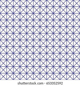 White triangles tessellation on blue background. Seamless surface pattern design with polygonal ornament. Crossed lines wallpaper. Grid motif. Digital paper for textile print, page fill. Vector art