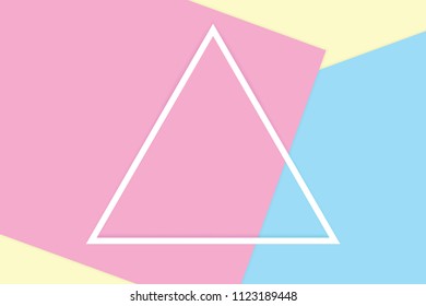 white triangular frame stroke line on pink blue colorful soft paper pastel background, minimal flat lay style fashionable cosmetics pastel color top view background, geometric style overlays (vector)