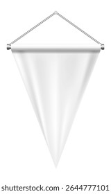 Banderín triangular blanco colgado en una Asistencia de metal, que ofrece una Plantilla en blanco listo para texto o diseño, ideal para la promoción de eventos, negocios o mensajes