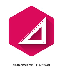White Triangular ruler icon isolated with long shadow. Straightedge symbol. Geometric symbol. Pink hexagon button. Vector Illustration