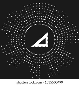 White Triangular ruler icon isolated on grey background. Straightedge symbol. Geometric symbol. Abstract circle random dots. Vector Illustration