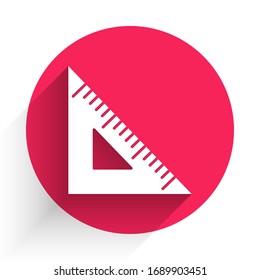 White Triangular ruler icon isolated with long shadow. Straightedge symbol. Geometric symbol. Red circle button. Vector Illustration