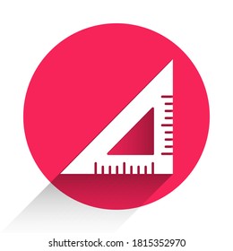 White Triangular ruler icon isolated with long shadow. Straightedge symbol. Geometric symbol. Red circle button. Vector