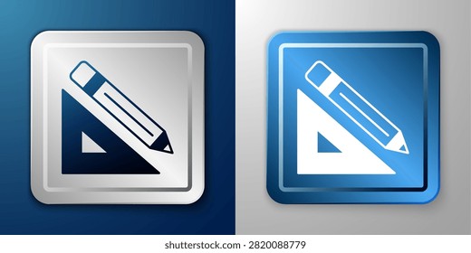 White Triangular ruler and pencil icon isolated on blue and grey background. Straightedge symbol. Drawing and educational tools. Silver and blue square button. Vector