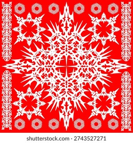White tribal pattern on a red background, showcasing symmetry Bandana slayer brutalist scarf fashion design background with abstract motif fabric textile print art editable