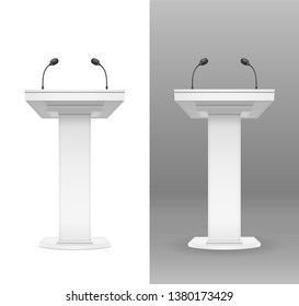 White Tribune With Microphone For Speaker. Equipment For Event. Orator Place For Performance. Isolated Background. Eps10 Vector Illustration.