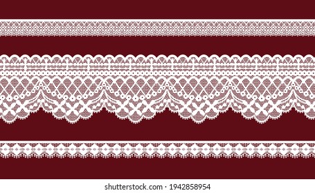 White Trim Lace Ribbon set on red 
background.Jacquard Mesh Lace Fabric.