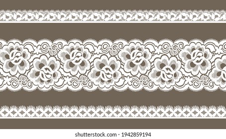 White Trim Lace Ribbon set on brown background.Jacquard Mesh Lace Fabric.