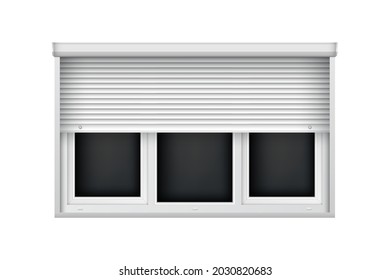 White triple plastic window with half open blind. Realistic roller shutter for glass window. Large jalousie mockup template for interior decoration design.