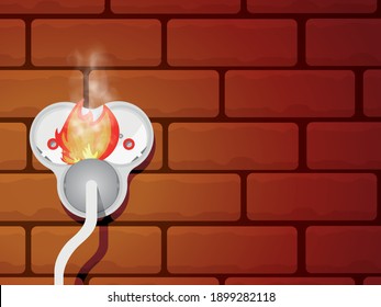 White triple socket on the wall with shadow, 3d realistic triple socket vector illustration, mesh gradient, white background. Broken electrical connection. Electrical safety concept. 