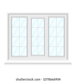 White triple window frame with blue gradient glasses isolated on white background. Closed realistic window for architecture and interior design. Vector illustration, EPS10.