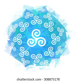 White triskel celtic symbols on blue triangles background