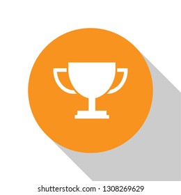 White Trophy cup icon isolated on white background. Award symbol. Champion cup icon. Orange circle button. Flat design. Vector Illustration