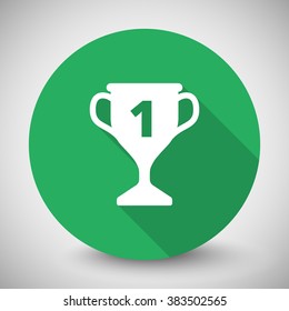 White Trophy icon with long shadow on green circle