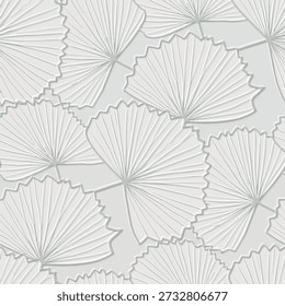 White tropical 3d embossed seamless pattern with relief fan palm leaves. Minimalist white on light grey floral endless design with emboss texture and soft shadows. Modern botanical wall art decor.