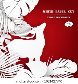 white tropical floral paper cut on red background spring  summer collection  ,vector illustration eps10