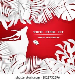 white tropical floral paper cut on red background spring  summer collection  ,vector illustration eps10