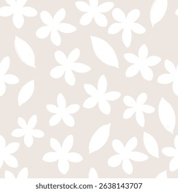 White tropical flower and leaf pattern on beige background seamless pattern for fabric, textiles, clothing, wallpaper, cover, banner, home decor, florals backgrounds