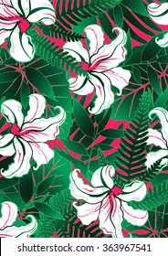 White tropical flowers with green leaves and red background .