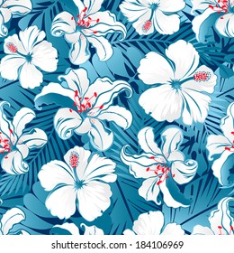 White tropical hibiscus flowers seamless pattern on a blue background.