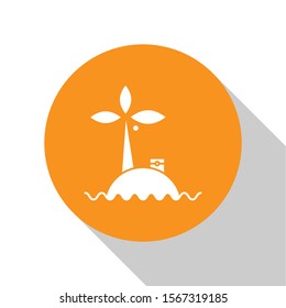 White Tropical island in ocean icon isolated on white background. Landscape with ocean and palm trees. Travel. Orange circle button. Vector Illustration