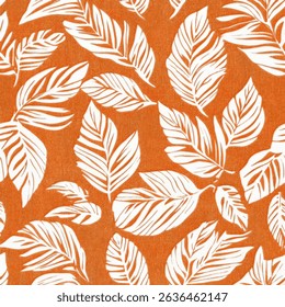 White tropical leaves on an orange background, linocut print pattern, cotton, silk, vector illustration, doodle summer, kids and baby designs for print fabric.