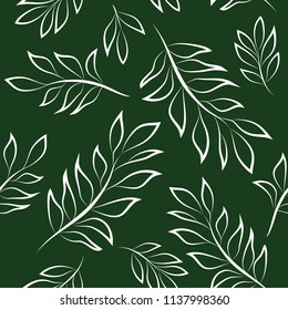 White Tropical Leaves Pattern on Green Background