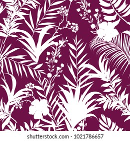 White tropical leaves Vector seamless pattern Exotic monotone forest leaves on dark purple 