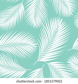 White tropical palm leaves texture on blue backdrop. Seamless vector background. Botanical illustration