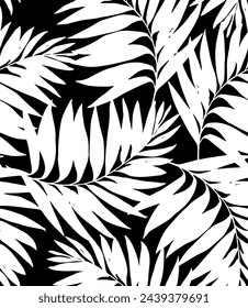 White tropical palm leaves texture on black backdrop. Seamless vector background. Botanical illustration. Seamless pattern with silhouettes of palm tree leaves