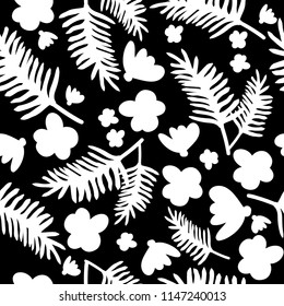 
White tropical pattern on black background.For fashion prints.Simple seamless patern.