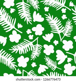 White tropical pattern on green background.To print method.Simple seamless patern.