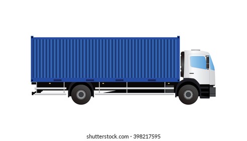 White truck with blue container side view on white background, vector eps10 illustration