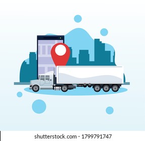 White Truck Car With Smartphone And Gps Application Vector Illustration Design