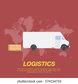 White truck with cargo boxes on a world map background. Logistic concept flat vector illustration for business.