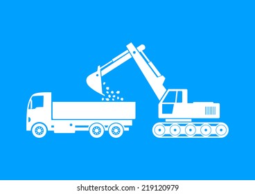 White truck and excavator on blue background