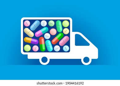 White truck icon and various capsules, tablets and pills instead of bodywork, over blue background. Concept of medicament delivery, pharmaceuticals supply, transporting of medicine