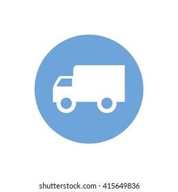 White truck icon vector illustration. Blue circle. Blue button
